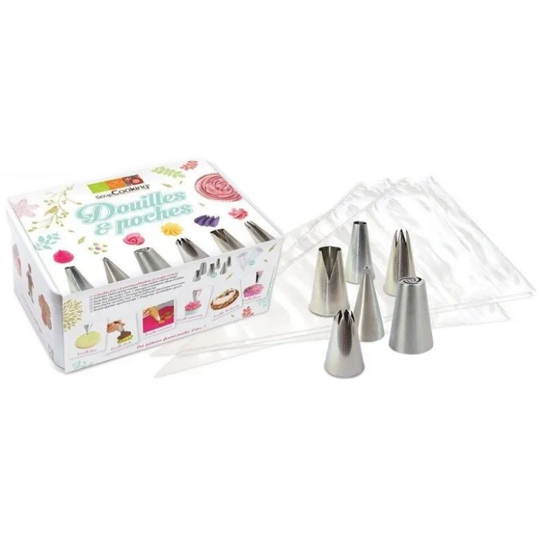Boîte 6 douilles inox + 8 poches à douille - ScrapCooking