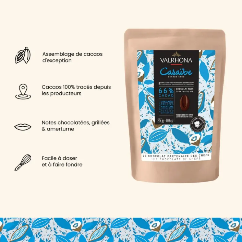 Chocolat de Couverture Noir Caraïbe 66% 250g - Valrhona
