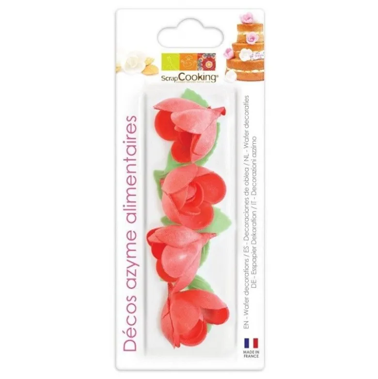 Décoration azyme rose rouge & feuilles x10 - ScrapCooking