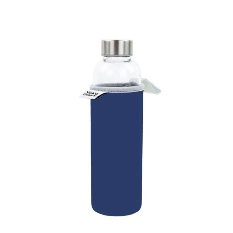 Gourde en verre 500ml + housse bleu marine - Yoko Design