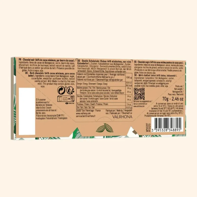 Tablette de Chocolat Noir Manjari 64% 70g - Valrhona
